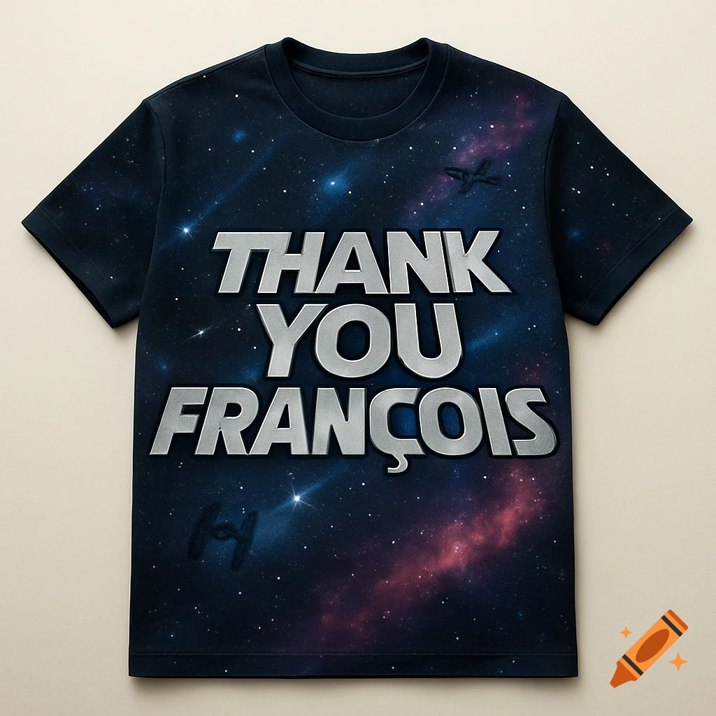 A dark blue t-shirt with a cosmic print featuring 'THANK YOU FRANÇOIS' in silver letters and subtle Star Wars ships.