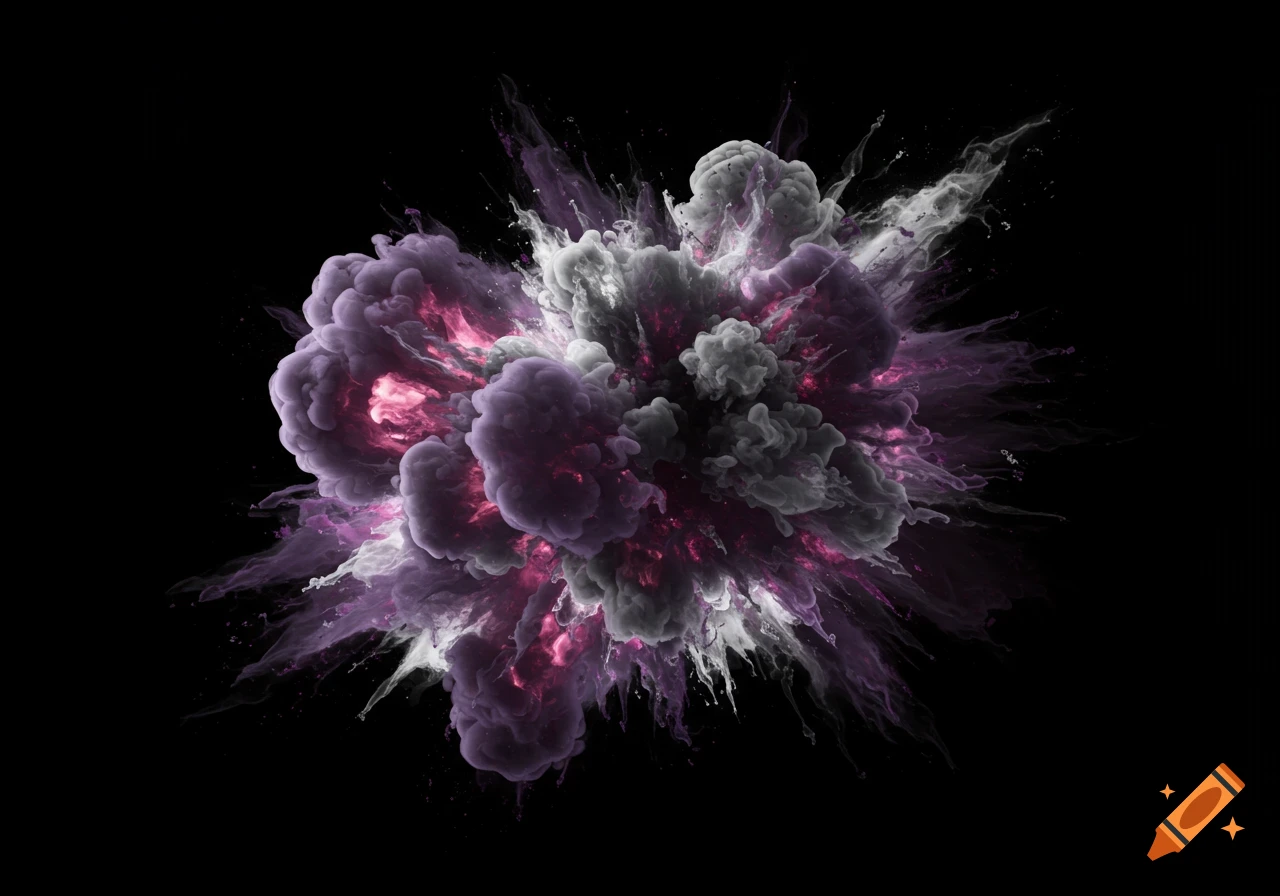 A detailed abstract explosion of purple, pink, gray, and white smoke or ink against a solid black background.