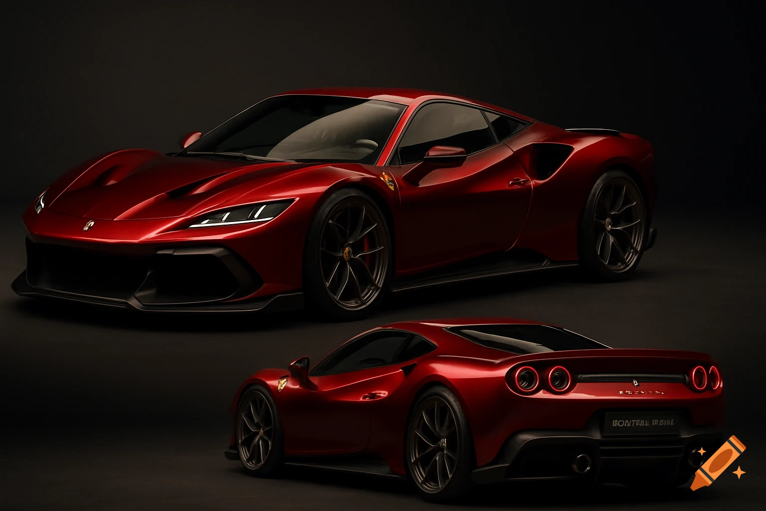 Two deep red concept supercars, a front and rear three-quarter view, parked on a dark studio floor with soft lighting.