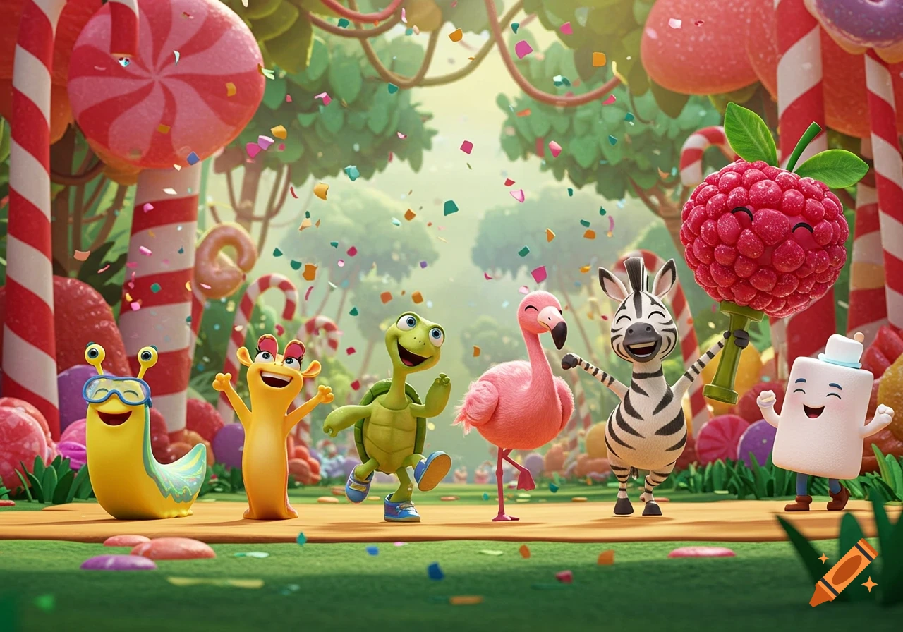 Cartoon animals celebrate in a vibrant candyland jungle with falling confetti, candy cane trees, and a marshmallow holding a berry trophy.