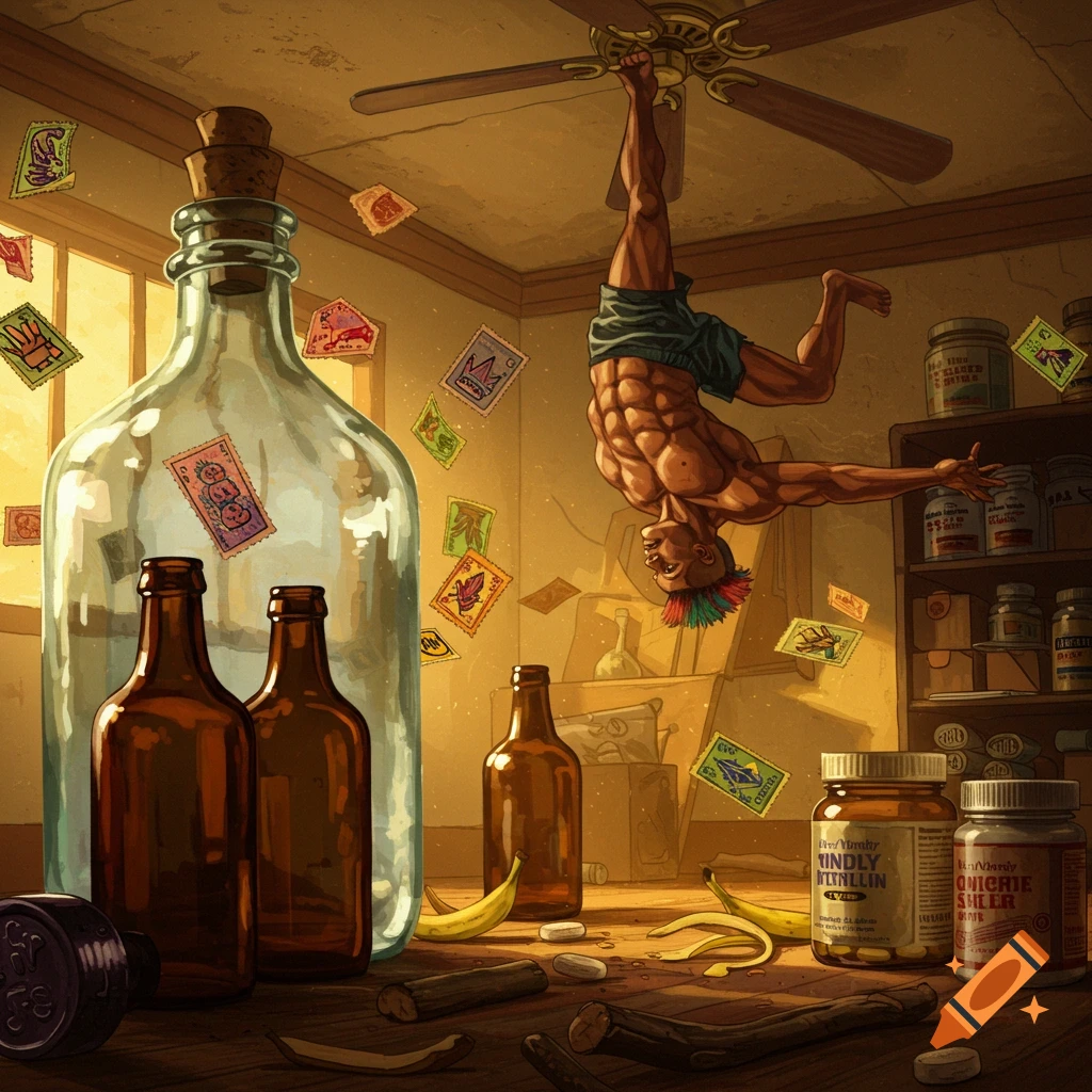 A muscular man with a mohawk hangs upside down from a ceiling fan in a room with a large bottle, smaller bottles, banana peels, pills, and stamps floating in the air.