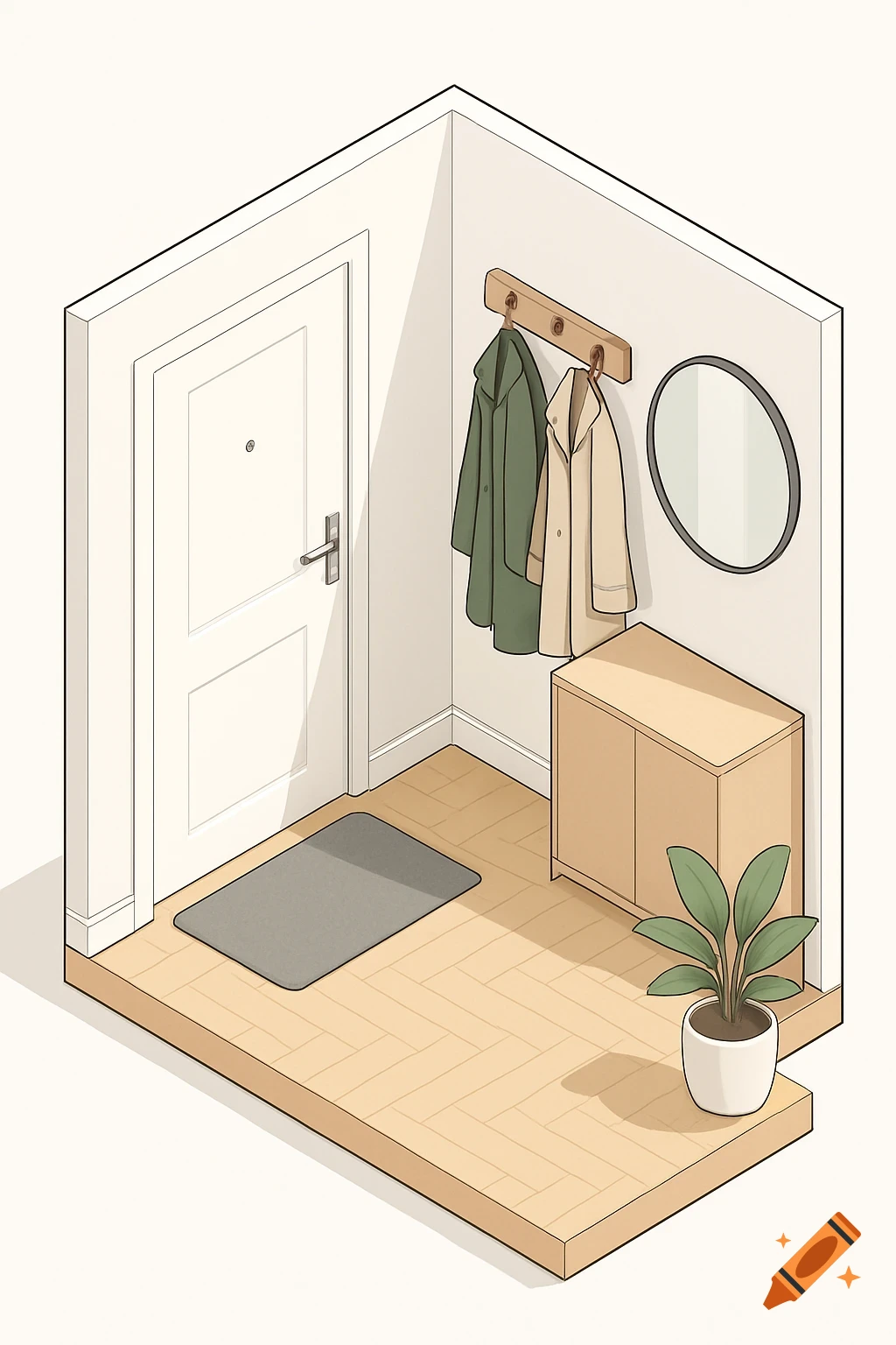 Isometric illustration of a modern apartment entrance with a white door, coat rack, mirror, shoe cabinet, mat, and plant on a light parquet floor.