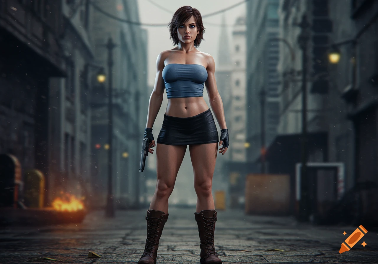 A strong woman with short brown hair, blue tube top, black skirt, and boots holds a gun, standing confidently in a realistic 3D urban setting.