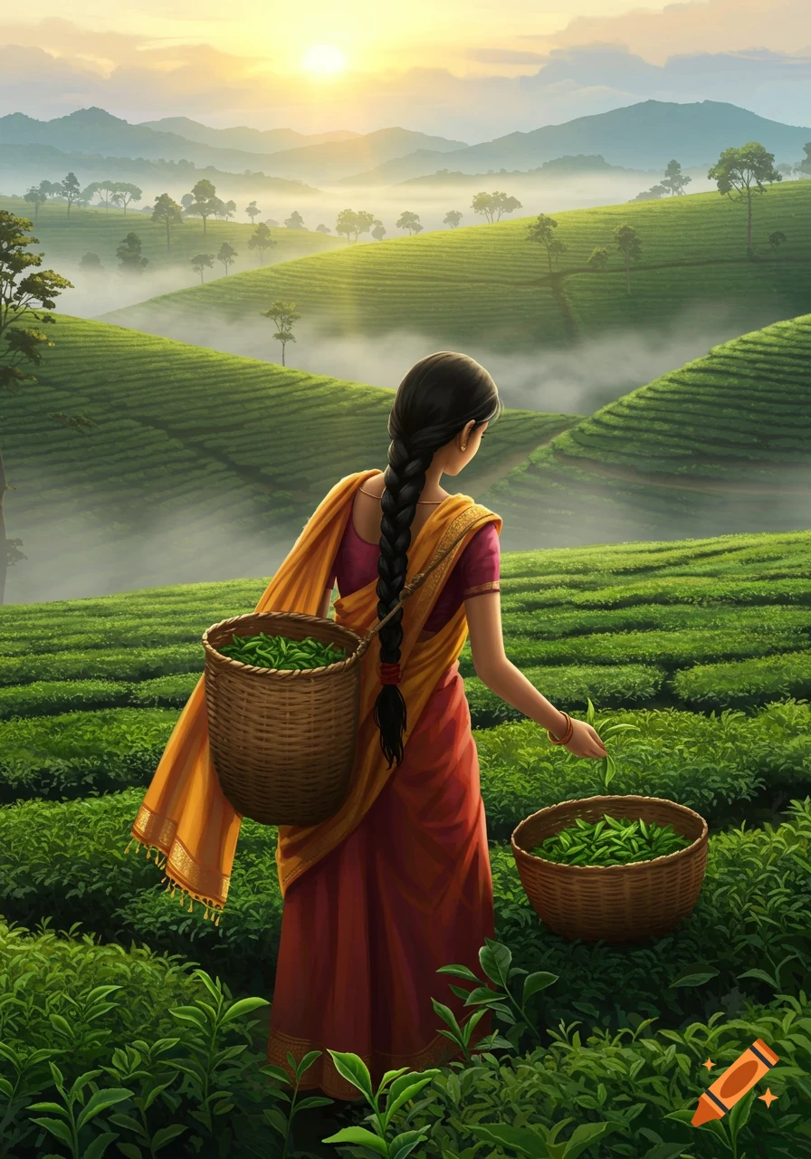 A woman with a long braid, wearing a saree, harvests tea leaves in a vast green tea plantation at sunrise.