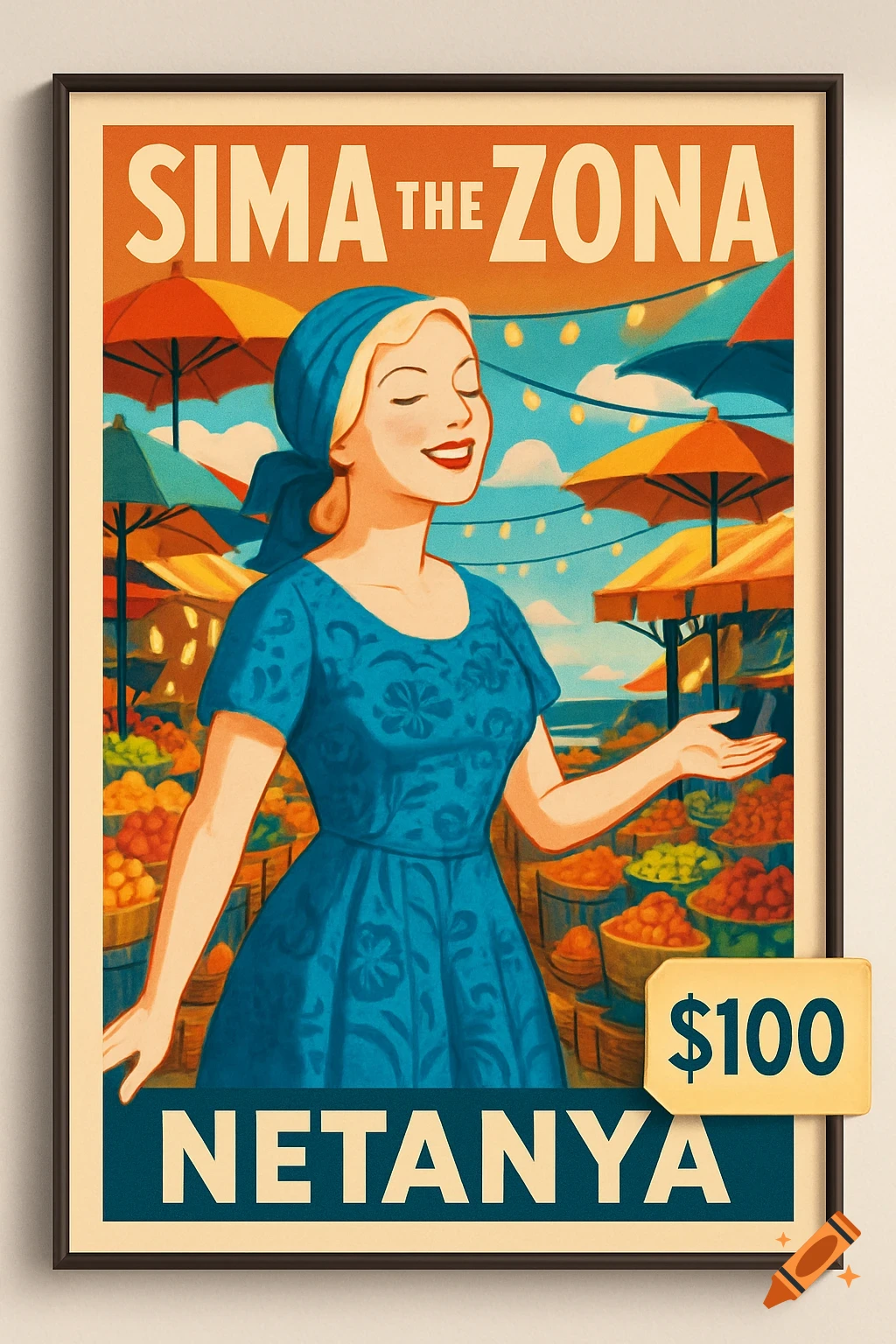 Vintage style poster of a smiling woman in a blue dress and headscarf, in a bustling market with colorful umbrellas. Text says 'SIMA THE ZONA', 'NETANYA', '$100'.