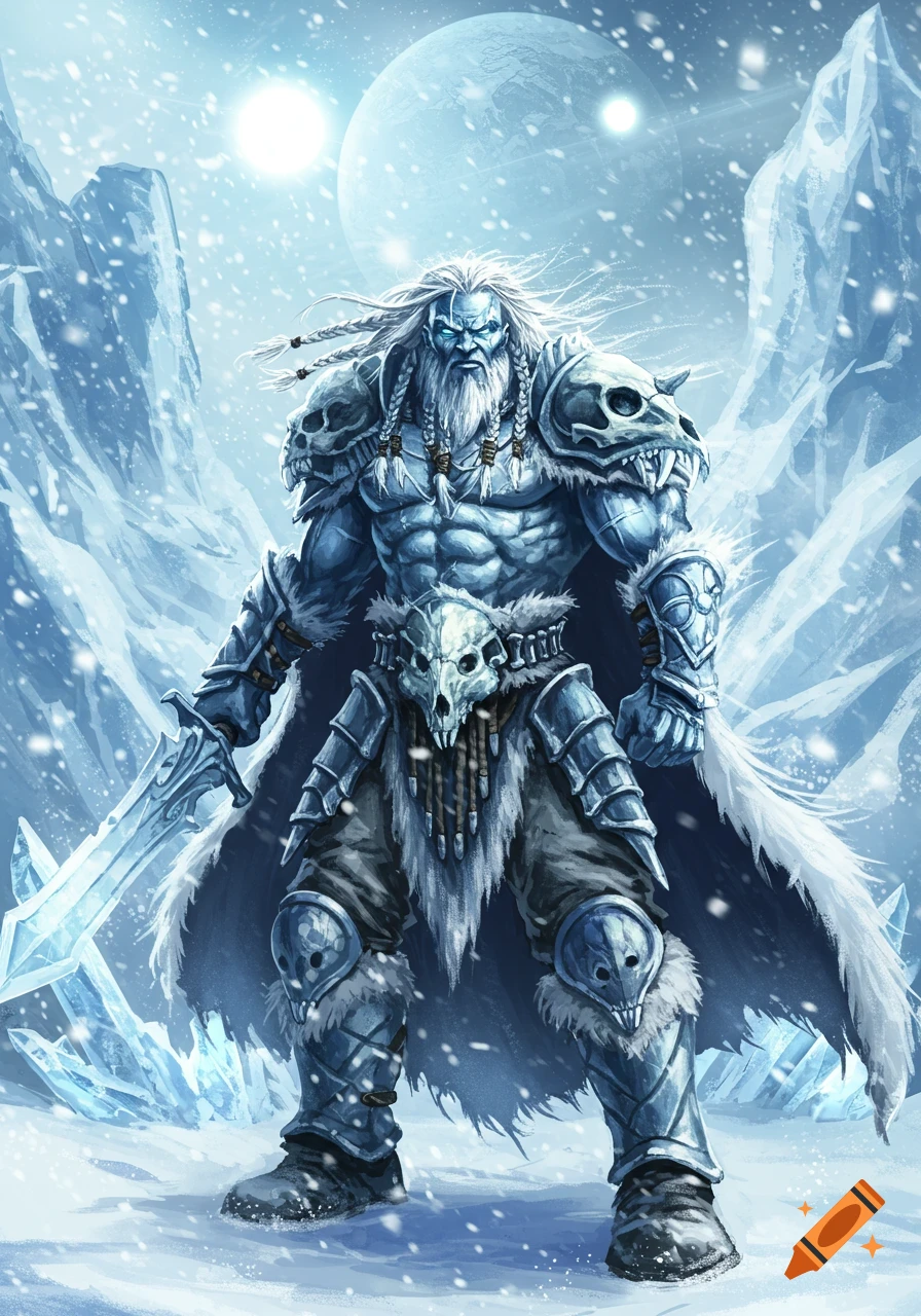 A powerful ice barbarian with white hair, beard, and glowing blue eyes, wearing skull armor and holding an ice sword in a snowy landscape with moons.