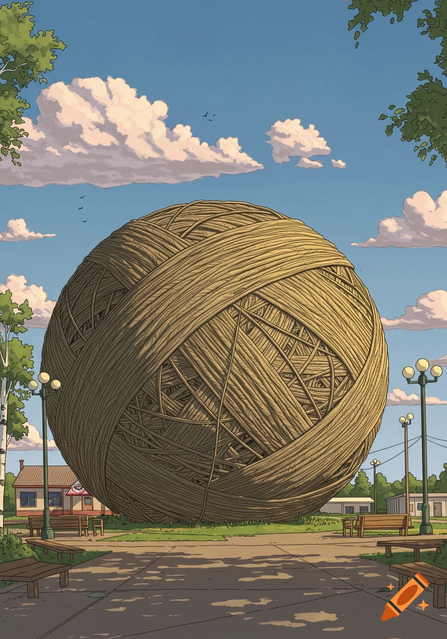 An illustration of a giant ball of twine in a park setting, with trees, benches, and distant buildings under a clear blue sky.
