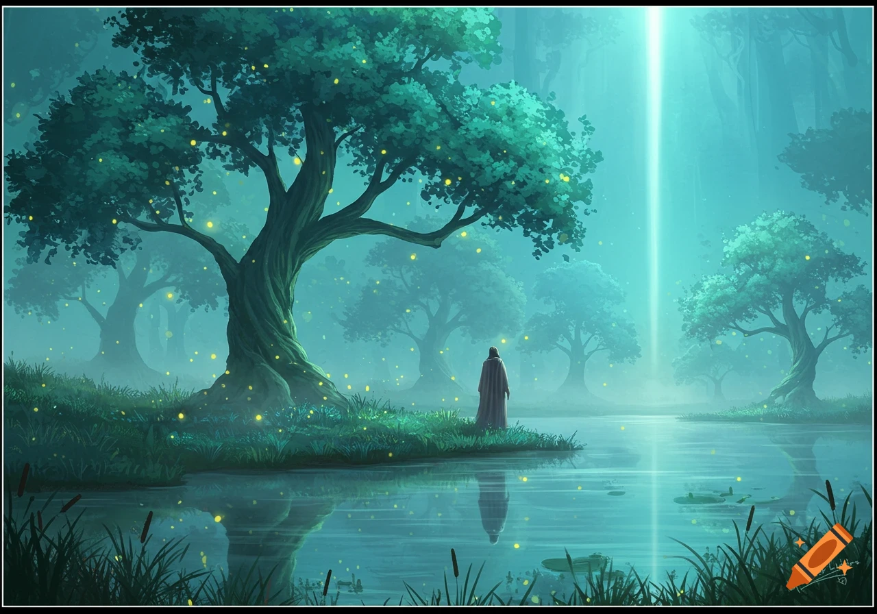 A robed figure stands by a glowing lake in a mystical forest with luminous trees and a bright light beam.