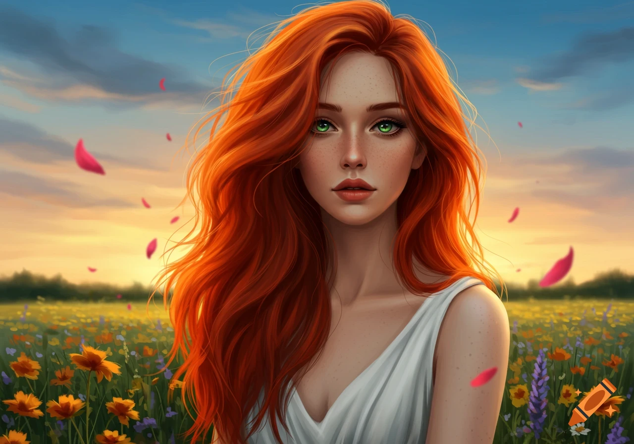 A beautiful red-haired woman with green eyes stands in a vibrant wildflower field at sunset, with pink petals falling, in a digital painting style.