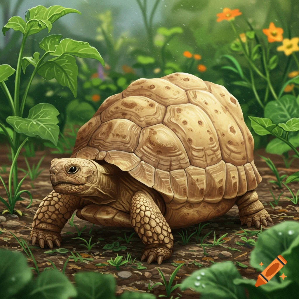 An illustrated brown tortoise with a textured, lumpy shell walks in a lush green garden among plants and orange flowers.