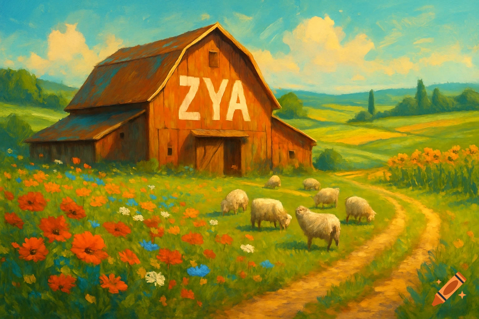 A vibrant oil painting of a red barn with 'ZYA' on its side, sheep grazing in a field of colorful wildflowers.