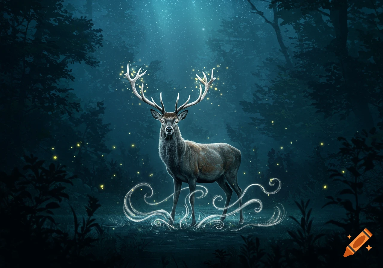 A majestic deer with glowing antlers stands in a dark, magical forest at night, surrounded by fireflies and mystical light swirls.