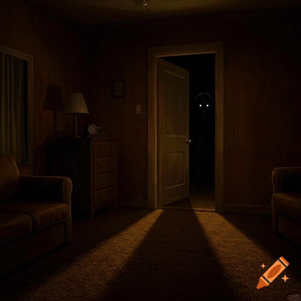 A dimly lit 70s-style room with wood paneling and furniture, as a shadowy entity with glowing eyes peers from a dark doorway.