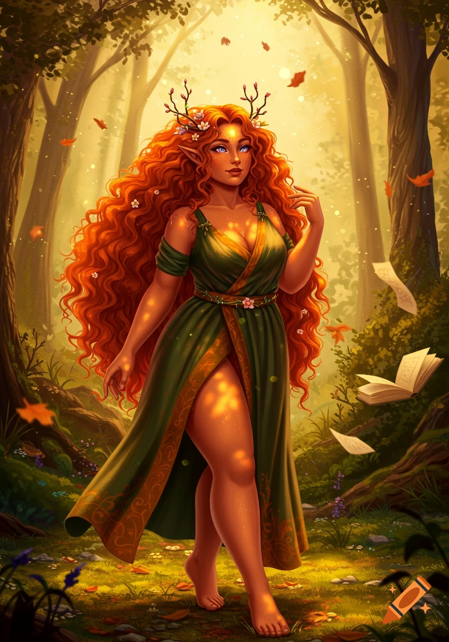 A red-haired female elf druid with glowing eyes in a green dress and bare feet stands in a sunlit fantasy forest.