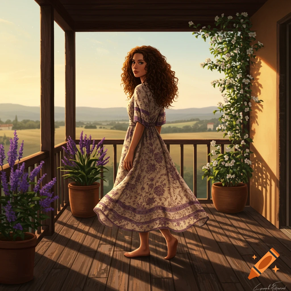 A young woman with curly hair in a floral dress stands on a wooden porch overlooking a sunset landscape with fields, lavender, and climbing white flowers.