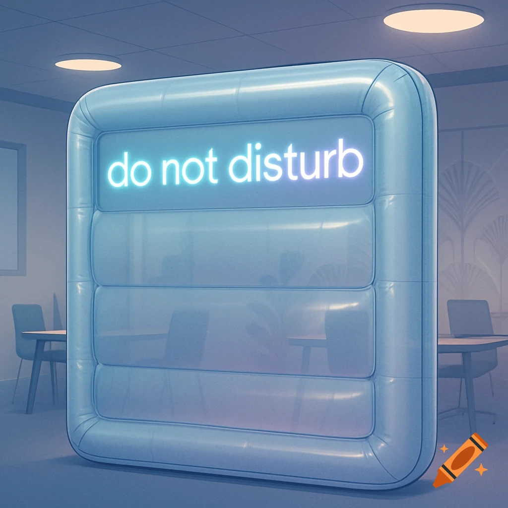 An inflatable light blue office partition wall with neon text 'do not disturb' in a modern office.