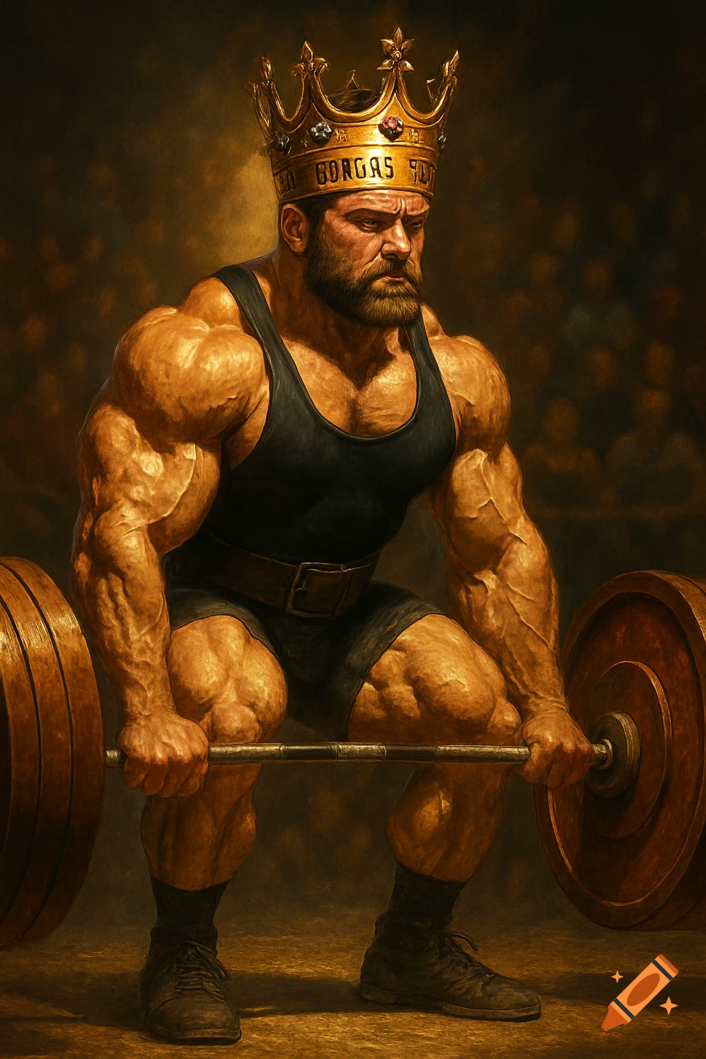 A muscular, bearded man in a black tank top and shorts, wearing a golden jeweled crown, lifting a heavy barbell in a painting style.
