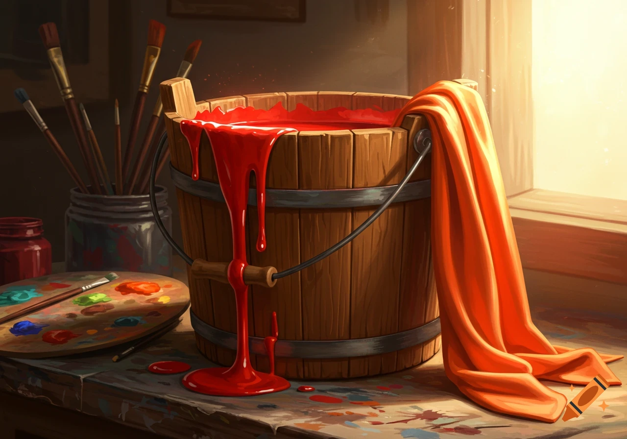 An illustrative still life of a wooden bucket overflowing with red paint, an orange cloth, a palette, and brushes on a sunlit table.