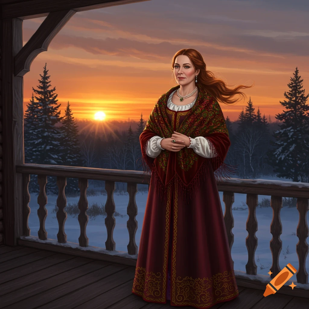 A woman in a red dress and patterned shawl stands on a wooden porch overlooking a snowy forest at sunset, digital painting.