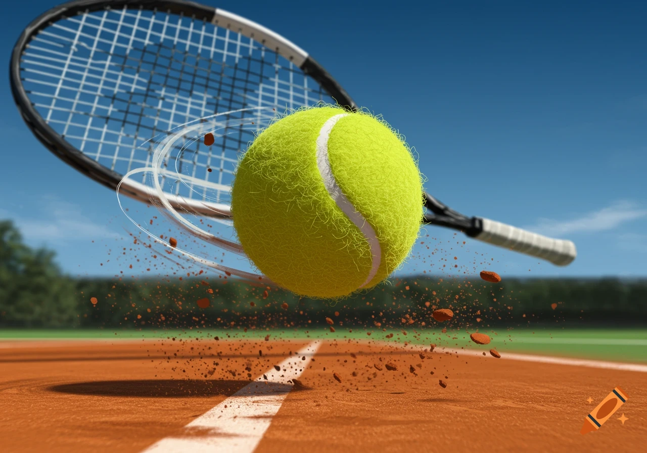 A vibrant green tennis ball is struck by a racket on a clay court, kicking up reddish-brown dirt particles against a clear blue sky.
