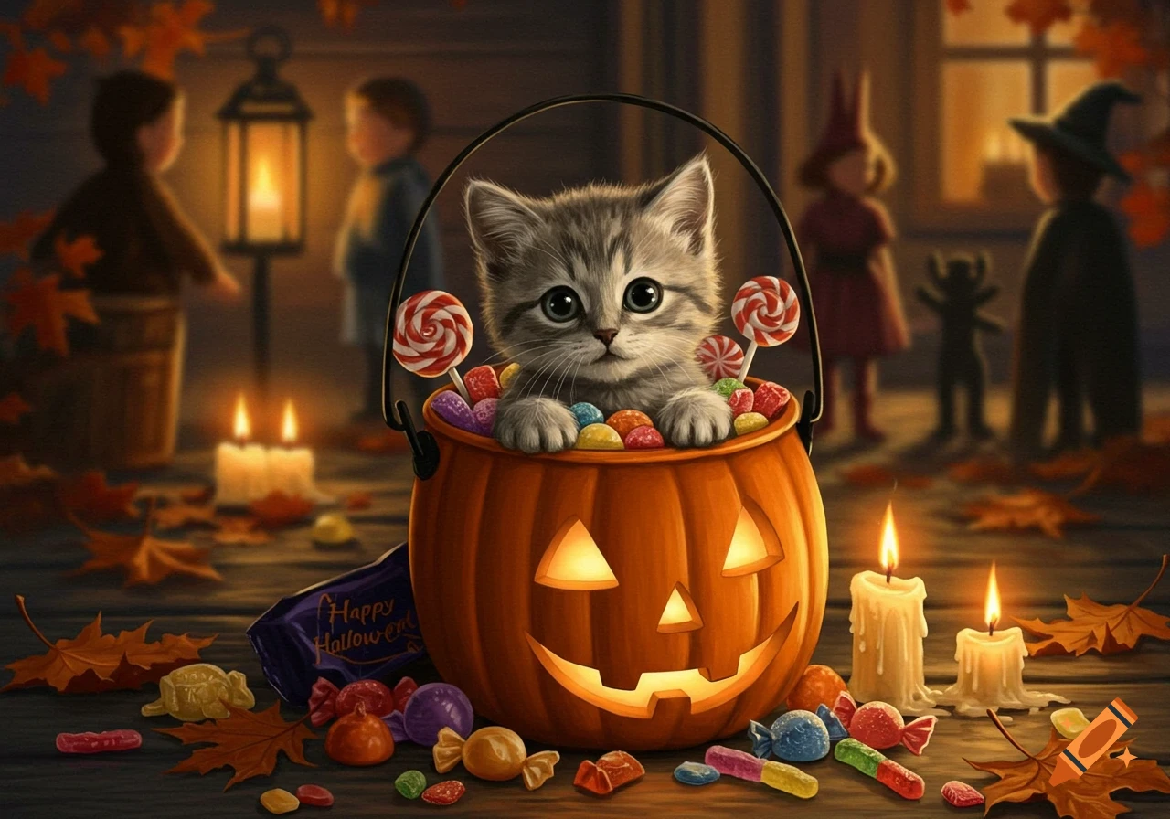 A cute gray tabby kitten in a glowing jack-o'-lantern bucket filled with colorful Halloween candy and lollipops, with blurred trick-or-treaters.