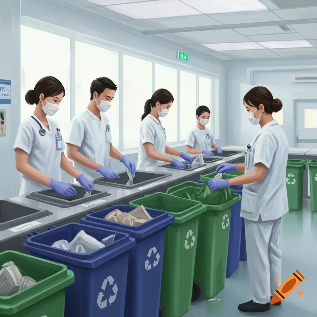 Illustrated scene of masked hospital staff in white uniforms and blue gloves sorting medical waste into green and blue recycling bins.
