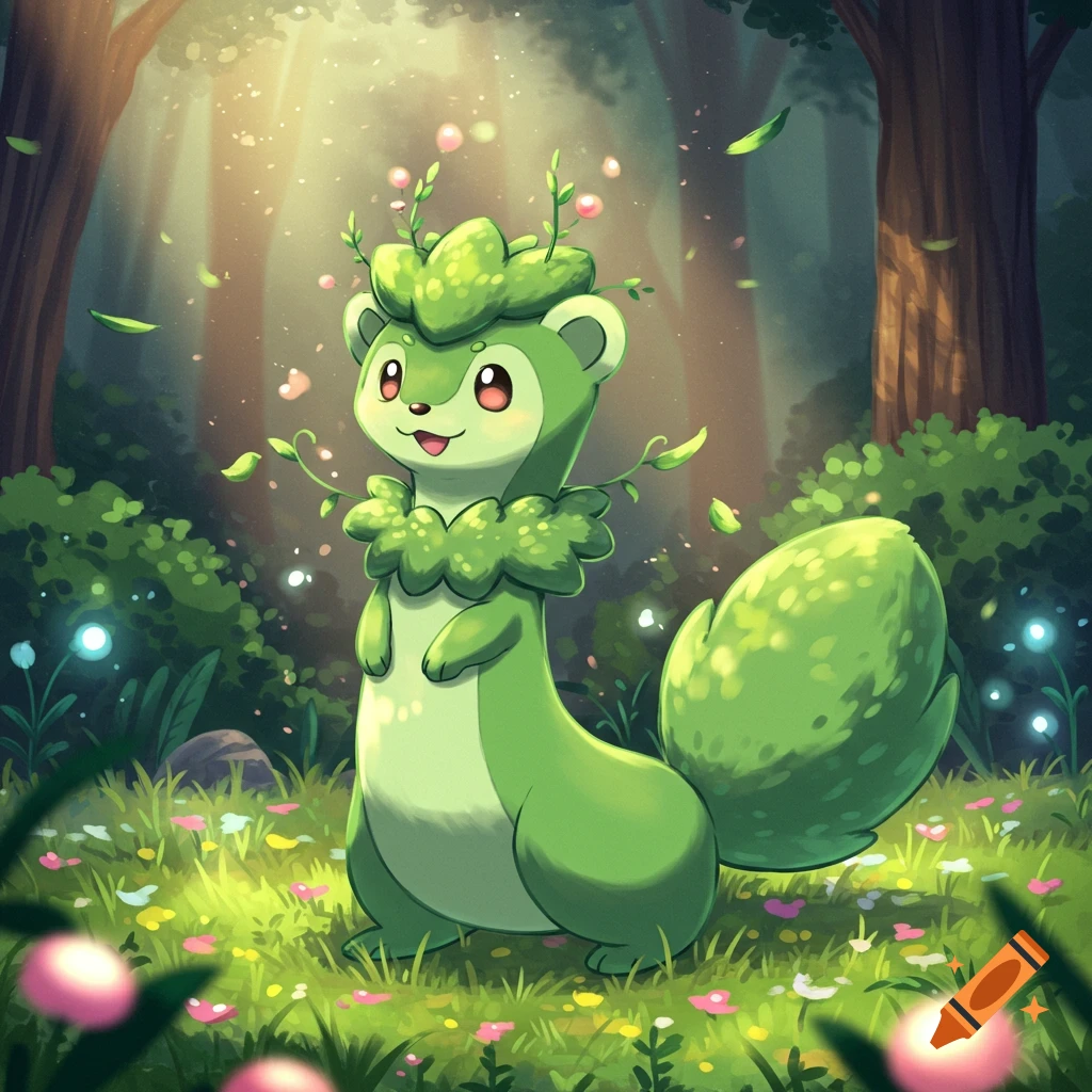 A cute green weasel-like Pokemon with leaves on its head and neck stands in a sunlit magical forest with glowing flowers.