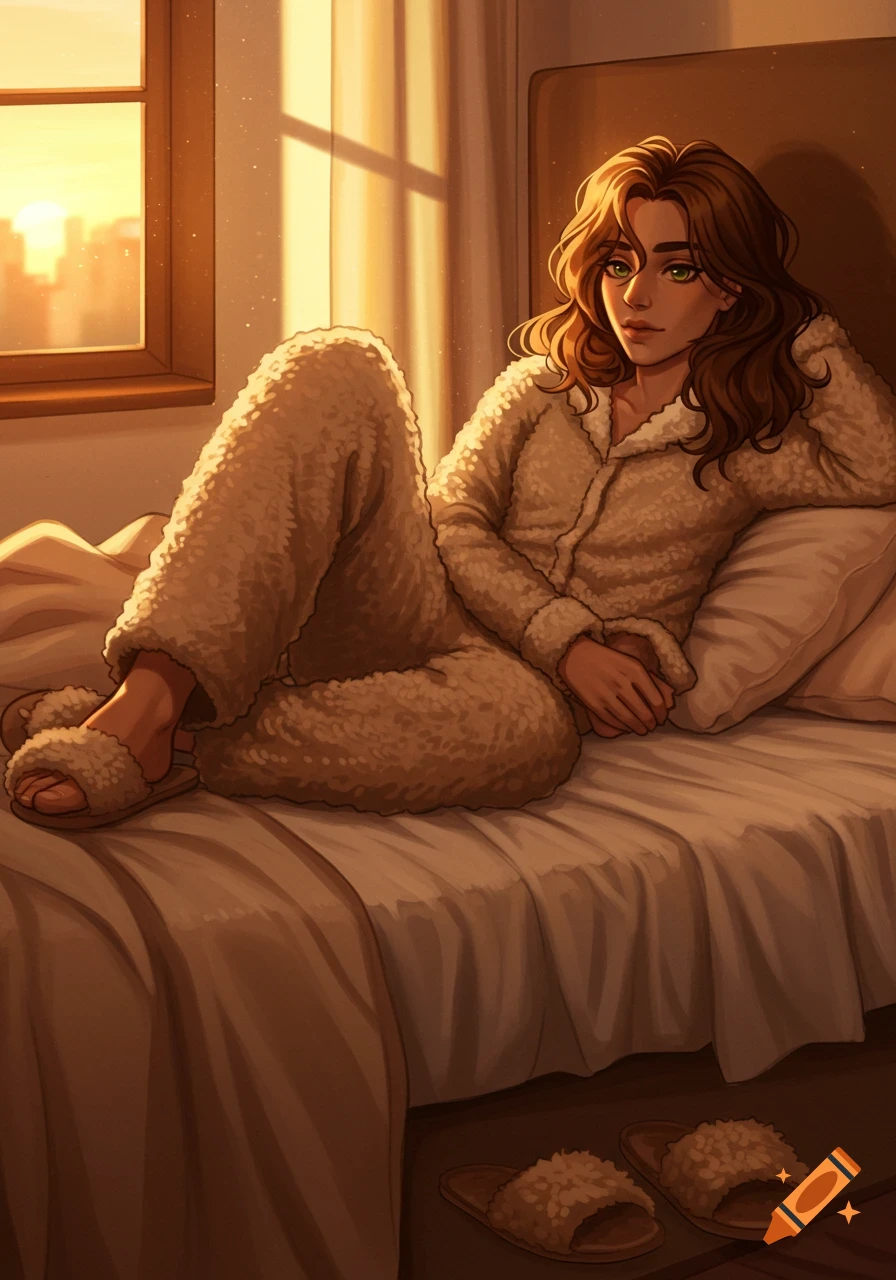 Illustrated woman in fluffy pajamas and slippers relaxing on a bed in a warm, sunset-lit room.