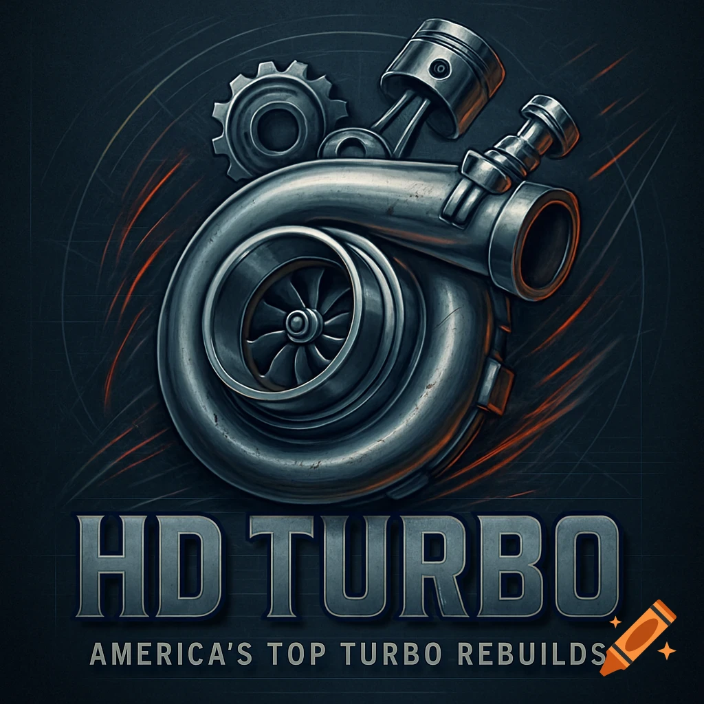 Stylized illustration of a metallic turbocharger, piston, and gear with 'HD TURBO AMERICA'S TOP TURBO REBUILDS' text.