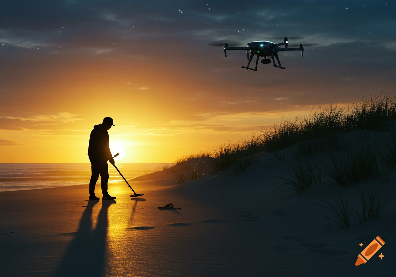 Silhouette of a man metal detecting on a beach at sunset with a drone flying overhead.