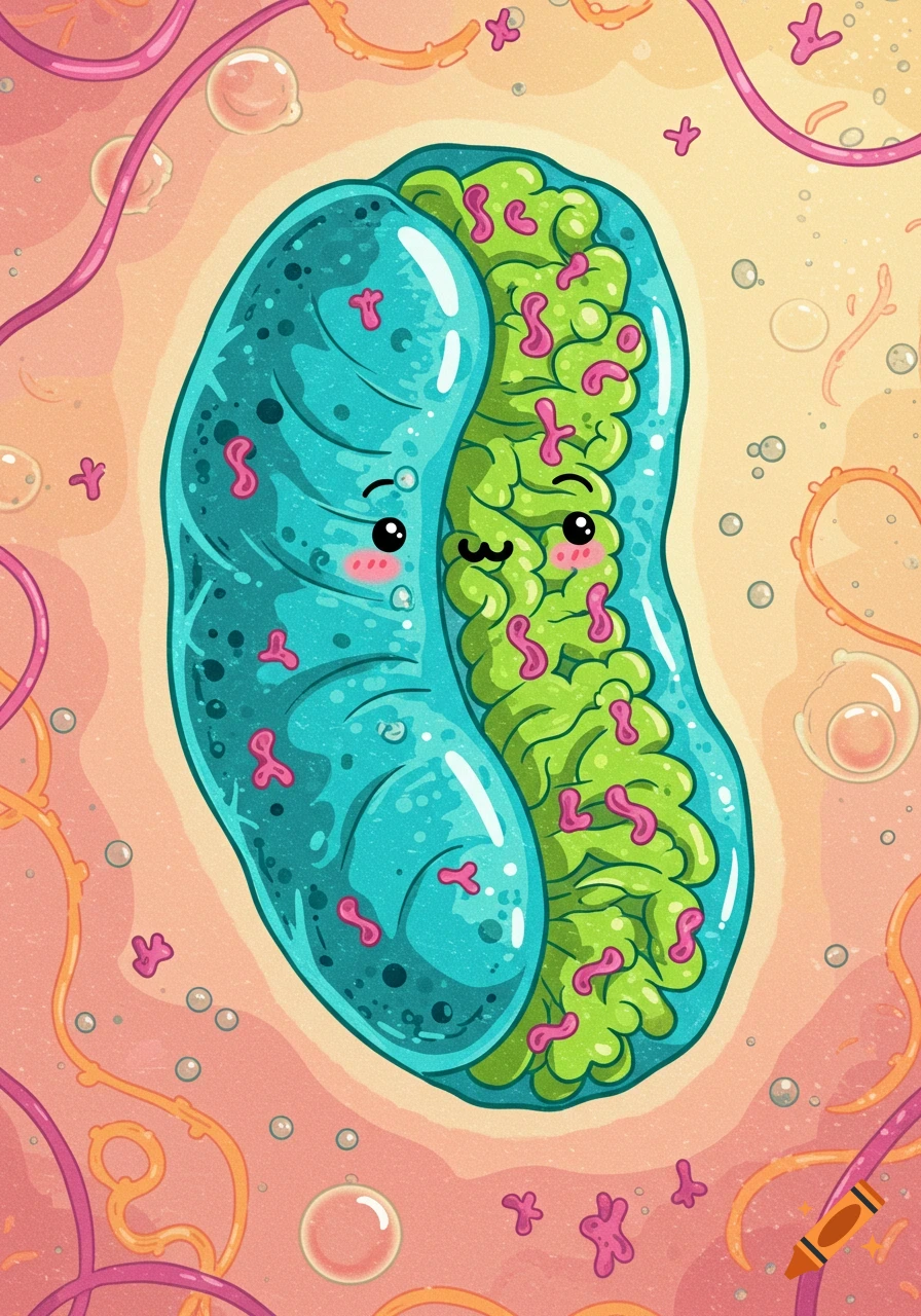 A vibrant, cute cartoon mitochondria with big eyes and rosy cheeks, surrounded by pink and orange cellular strands and bubbles.