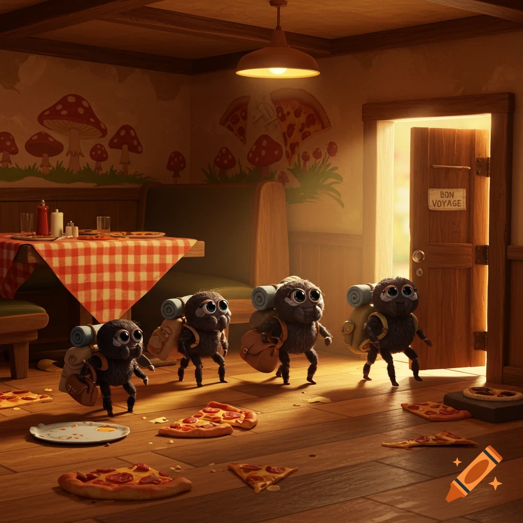 Four cute cartoon spiders with backpacks sadly leave a pizza restaurant, walking over scattered pizza slices.