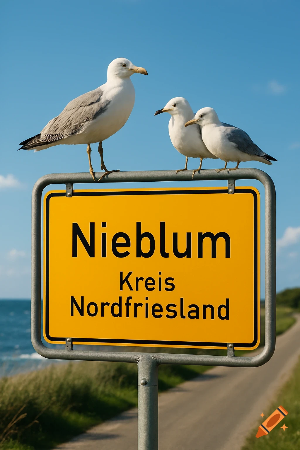 Three seagulls perched on a yellow German road sign that reads 'Nieblum Kreis Nordfriesland' by a coastal road on a sunny day.