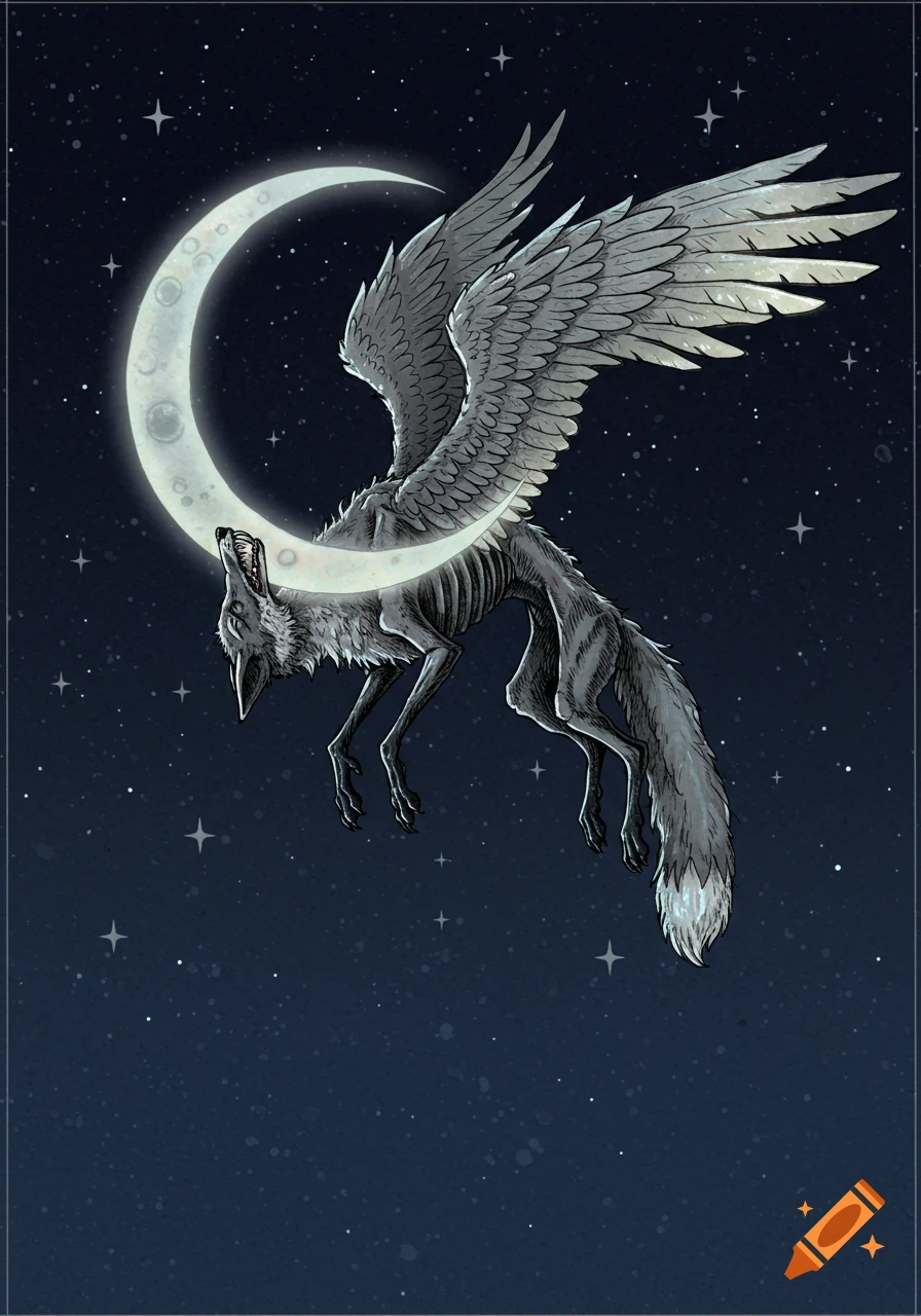 Dark ink illustration of a starved, winged fox biting a crescent moon in a star-filled night sky.
