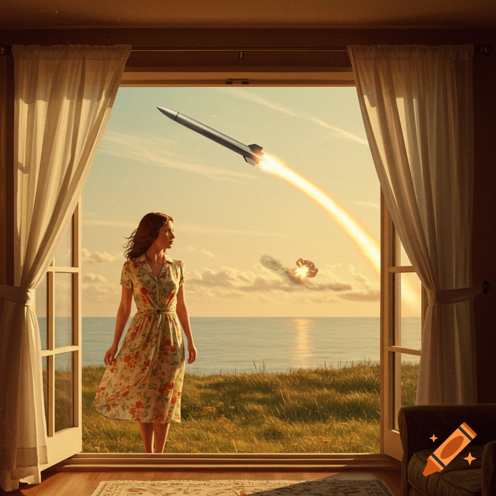 A woman in a floral dress looks out a window at a missile flying over the ocean with a distant explosion.