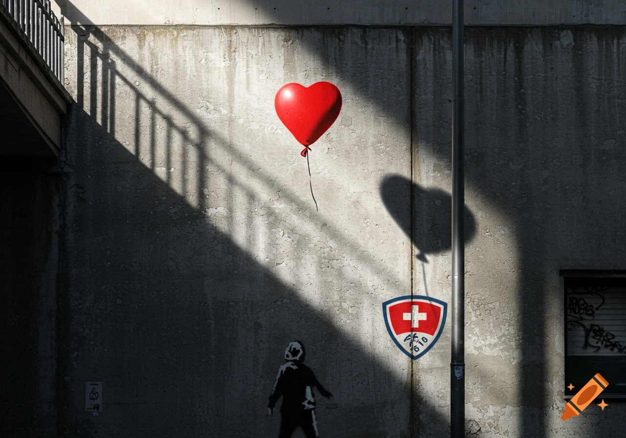 A red heart balloon floats above a Banksy-style stencil of a child on a concrete wall, with strong shadows and a shield crest.