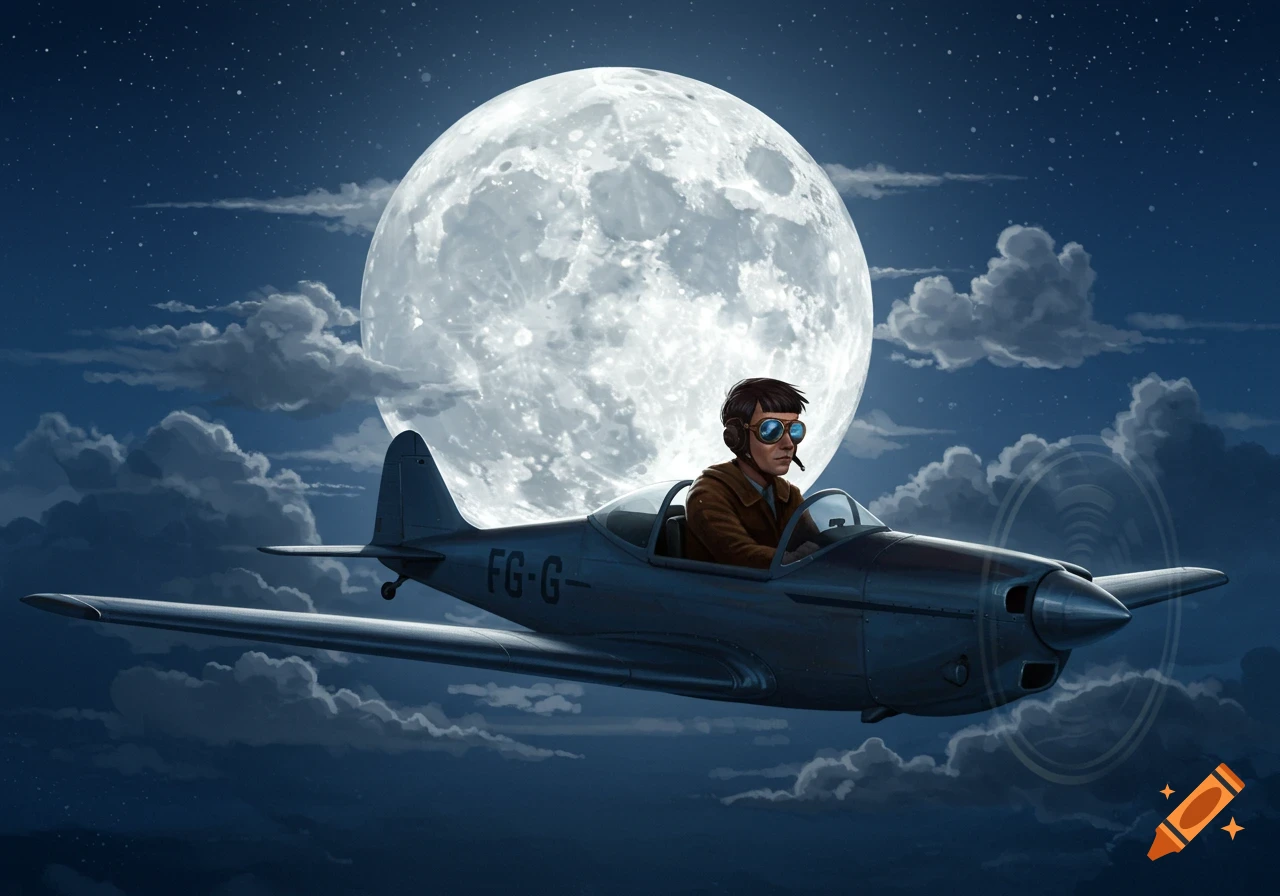 An illustrated pilot in a small plane flies through a cloudy night sky with a large full moon behind them.