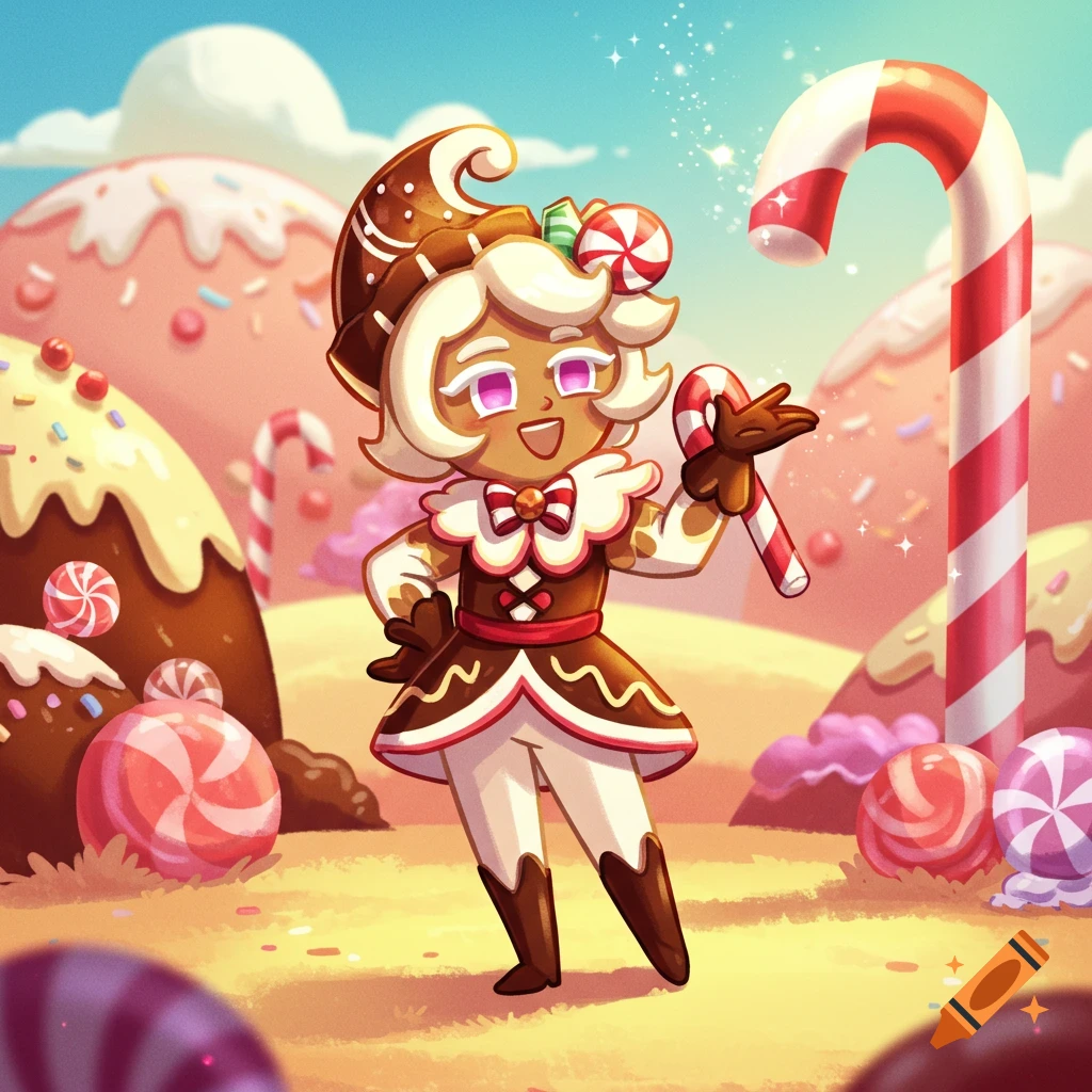 A cheerful, gingerbread-themed Cookie Run character with white hair holds a candy cane in a vibrant candy land.
