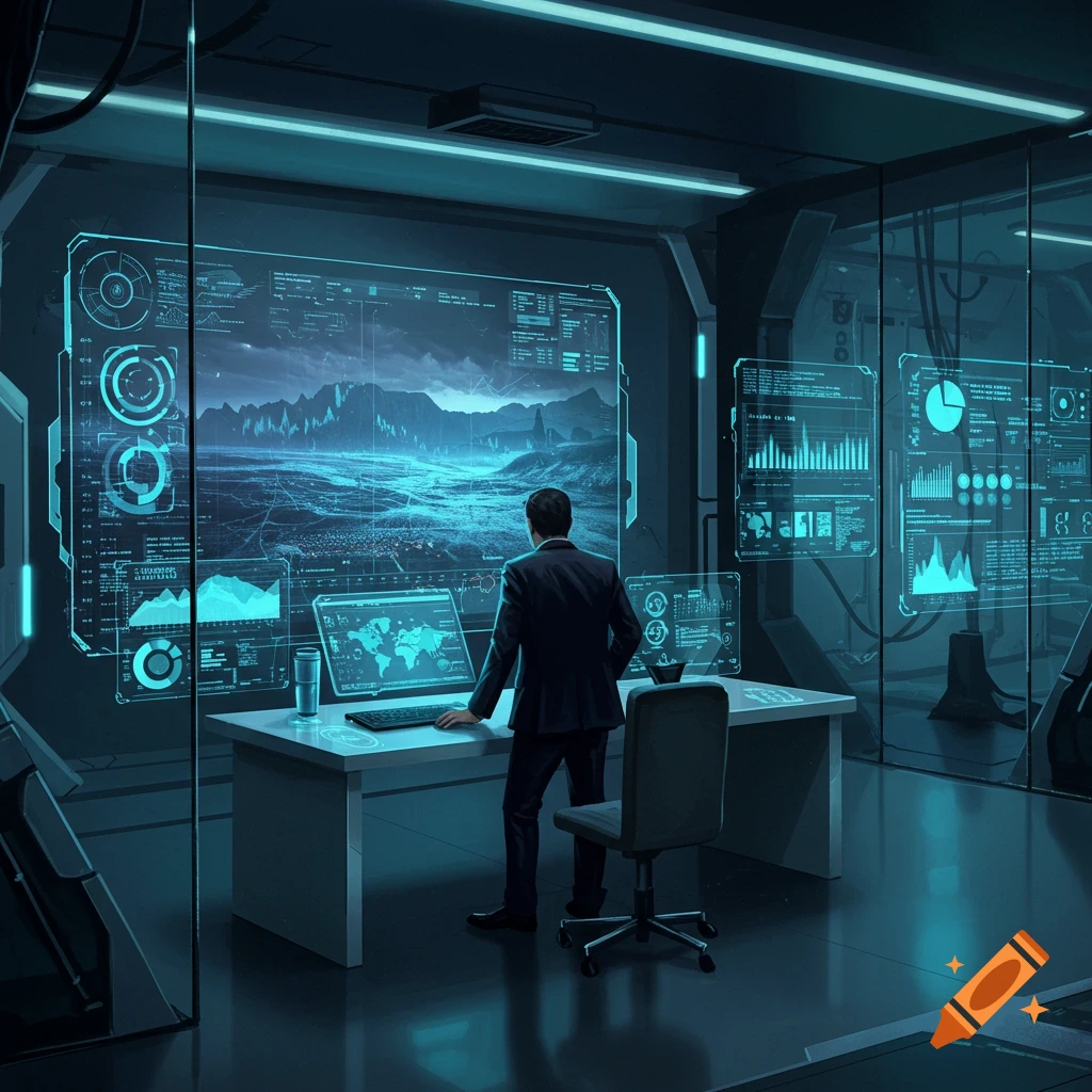 Man in suit views holographic screens with data in a futuristic, neon-blue control room. Digital art.