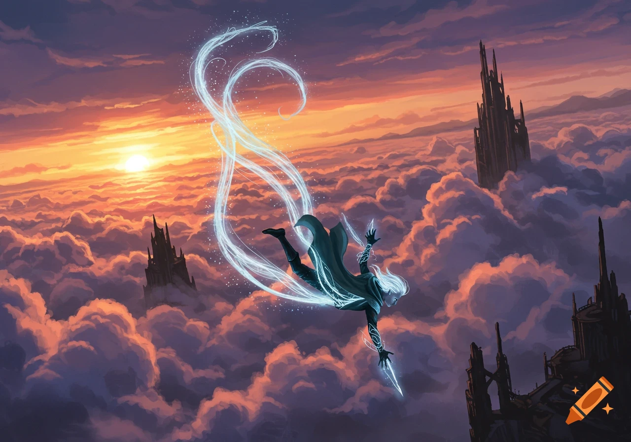 A white-haired fantasy character with glowing trails falls through a cloudy sky above dark spires at sunset, digital painting.