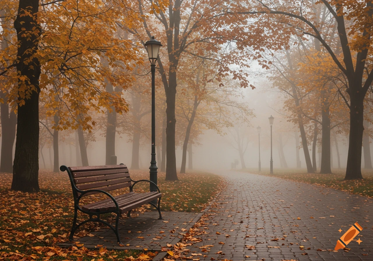 A photorealistic foggy autumn park scene with a wooden bench, orange trees, and a paved path.