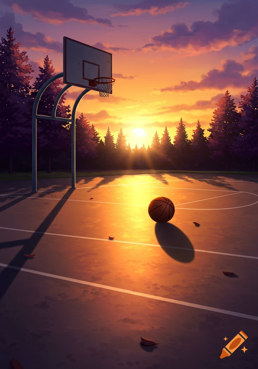 An anime-style illustration of a basketball court at sunset with a basketball on the ground and trees in the background.
