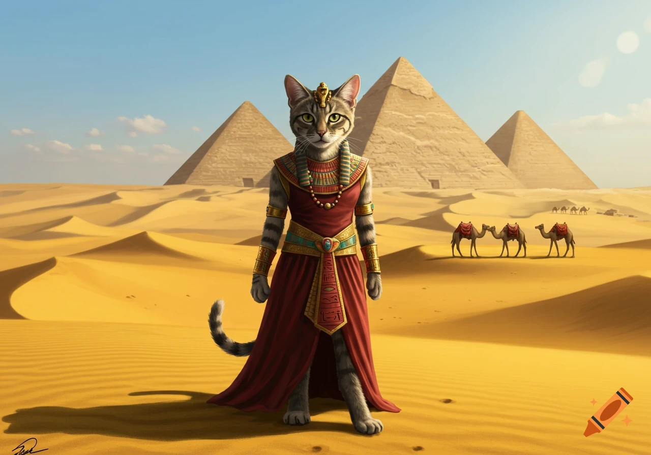 An anthropomorphic tabby cat in a red Egyptian dress and gold jewelry stands in a desert with pyramids and camels in the background.