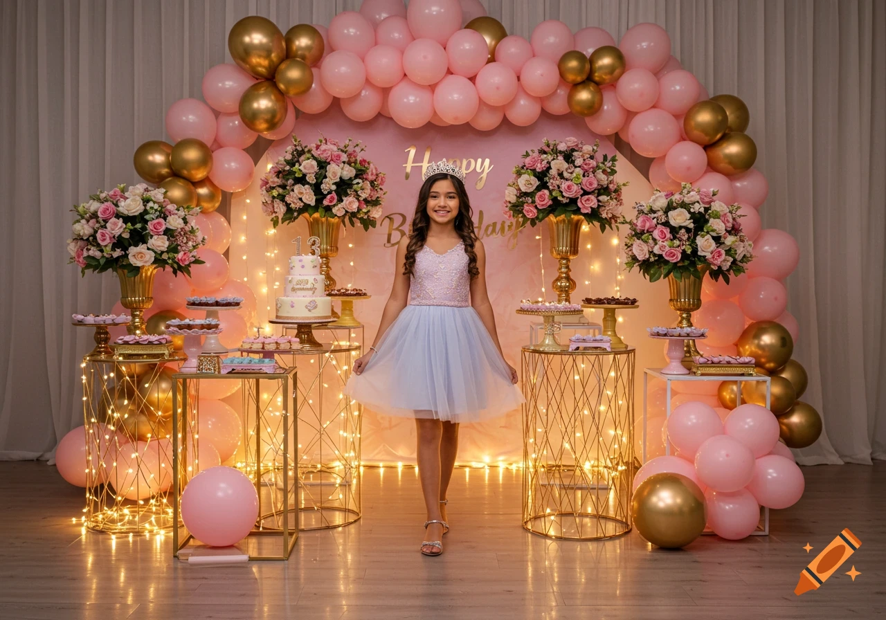 Smiling girl in a light blue dress and tiara at a 13th birthday party with pink and gold balloons and dessert tables.