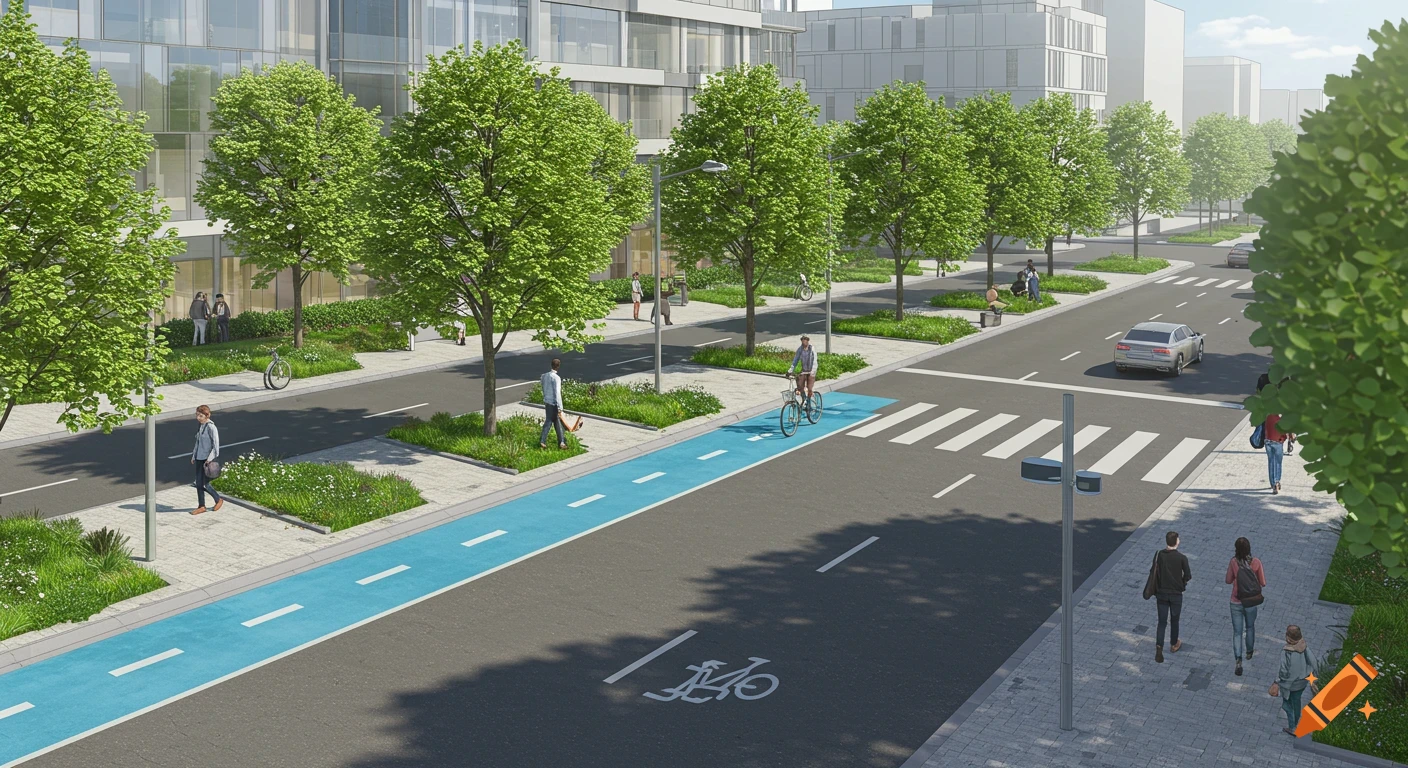 Aerial view of a modern city street with a blue bike lane, green trees, pedestrians, and buildings in a bright, clean style.