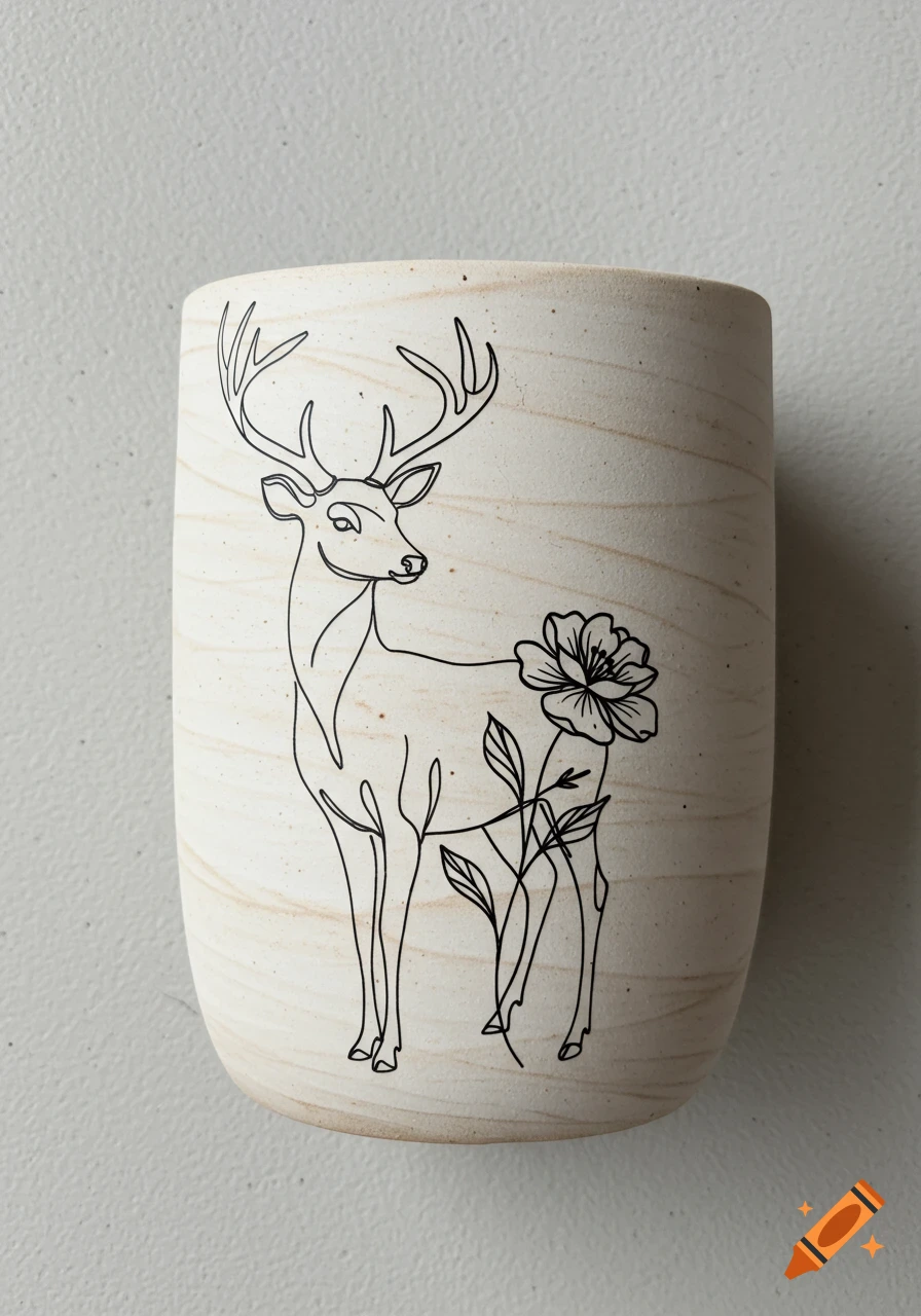 A minimalist line art drawing of a deer with a flower on a textured ceramic vessel.