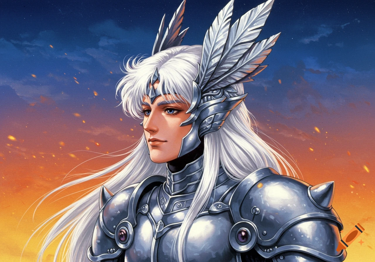A white-haired young man with a serene face, wearing a silver feather headdress and armor, against an orange and blue sky in 80s box art style.