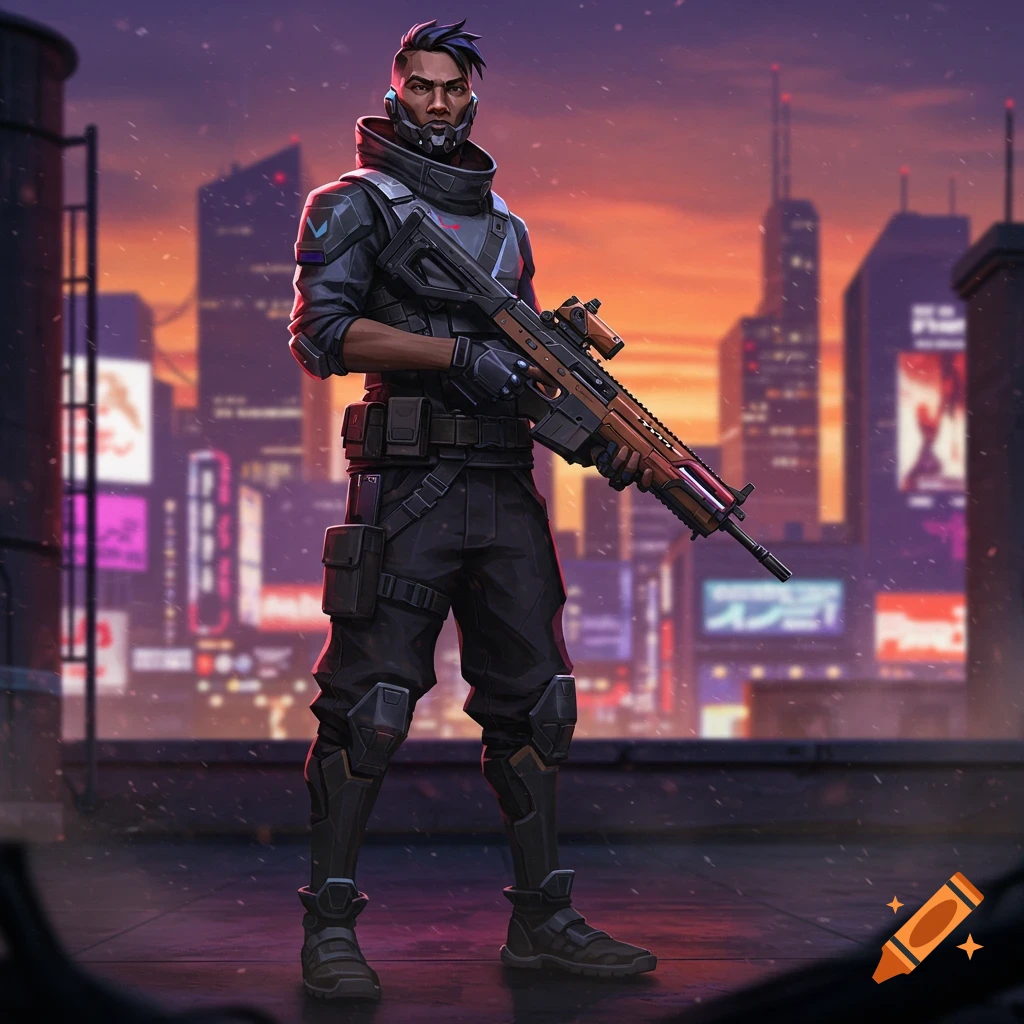 A male character in tactical gear with a futuristic rifle stands on a cyberpunk city rooftop at sunset, in a game art style.