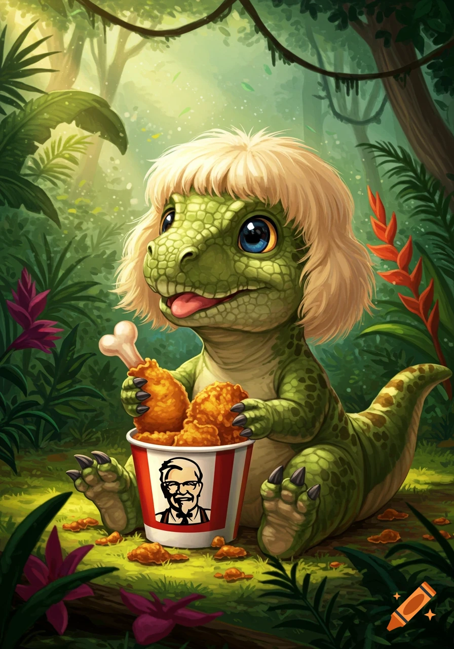 Cute baby dinosaur with a blonde wig eating fried chicken from a KFC bucket in a lush jungle, cartoon style.