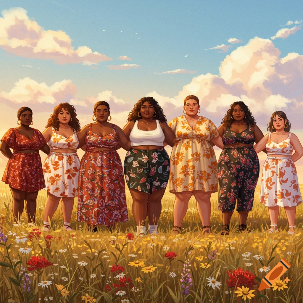 An illustration of seven diverse women, holding hands, standing in a field of wildflowers under a cloudy sky.